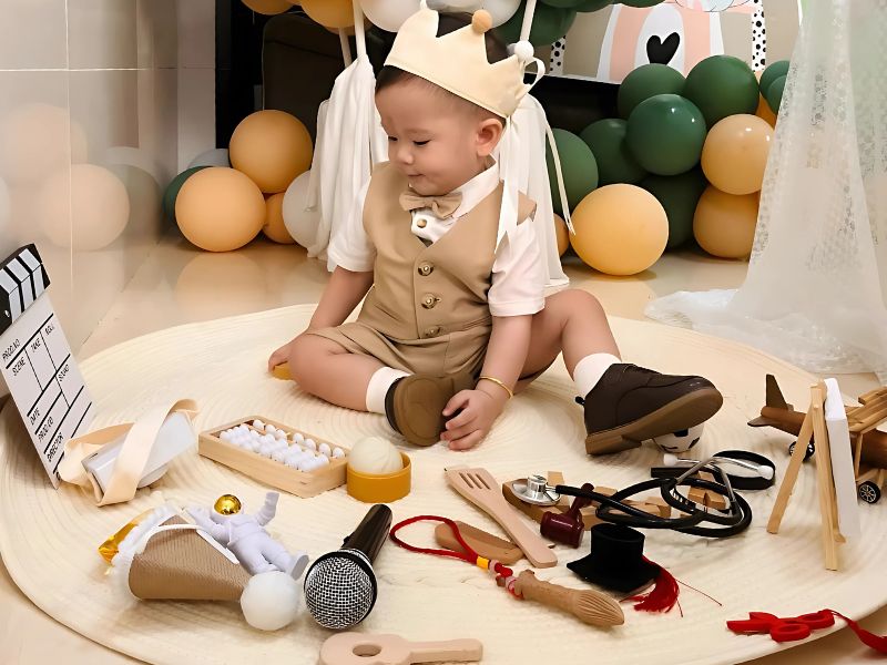 Sắp xếp đồ vật đa dạng cho bé bốc trong lễ thôi nôi