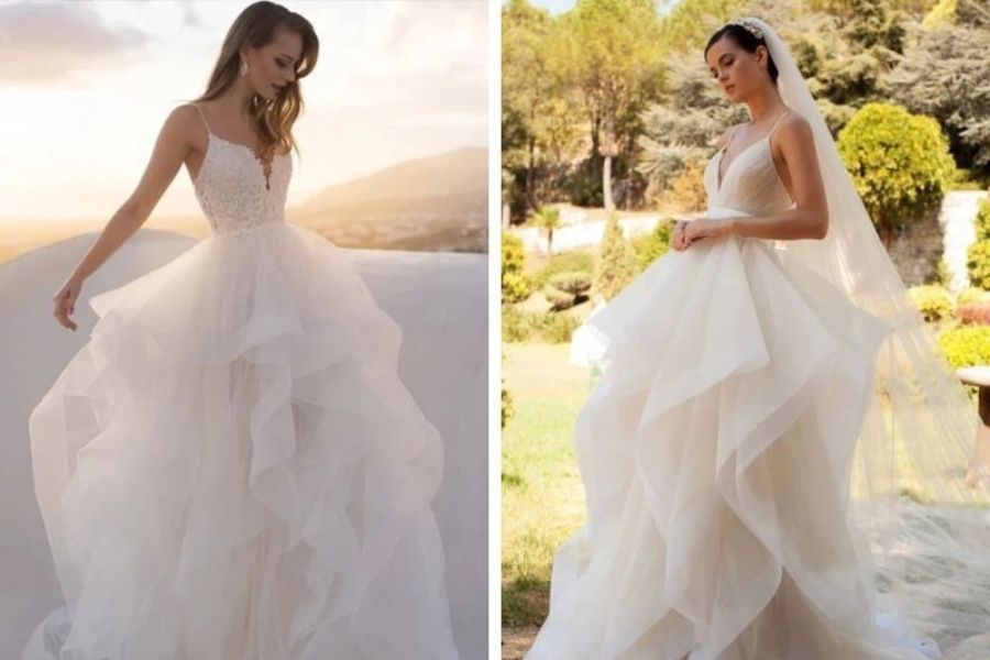 Váy lụa organza xếp lớp nhẹ tênh, mang đến vẻ đẹp dịu dàng và thơ mộng như nàng công chúa bước ra từ thế giới cổ tích.